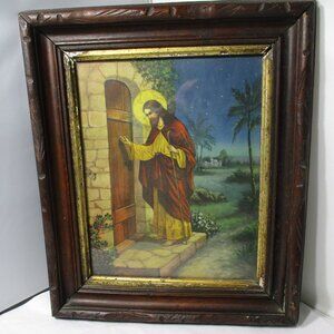 OLD Antique Vintage Wood Framed Jesus Christ Knocking at the Door Picture Print